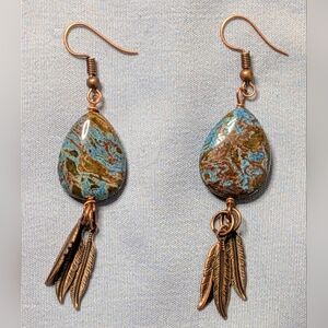 Chrysocolla Teardrop with Feathers & Copper Genuine Gemstone Earrings, Original